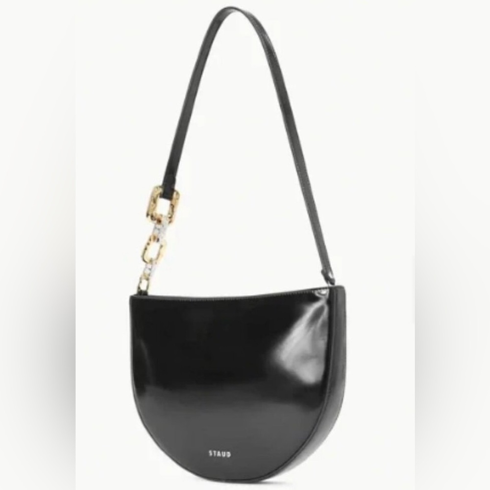 NWT STAUD Colt Black Polished Leather Shoulder Bag Gold Geometric Chain NEW